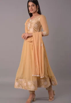 Block Printed Chiffon Anarkali Suit in Beige