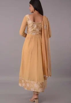 Block Printed Chiffon Anarkali Suit in Beige