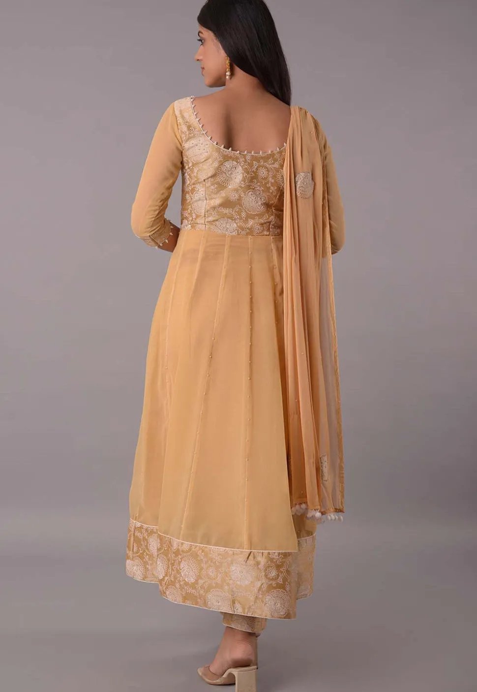 Block Printed Chiffon Anarkali Suit in Beige