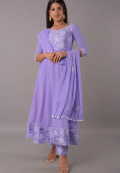 Block Printed Chiffon Anarkali Suit in Purple