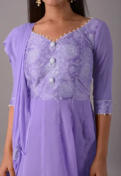 Block Printed Chiffon Anarkali Suit in Purple