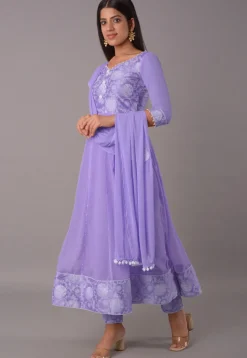 Block Printed Chiffon Anarkali Suit in Purple