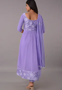 Block Printed Chiffon Anarkali Suit in Purple