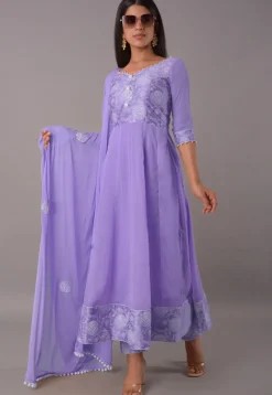 Block Printed Chiffon Anarkali Suit in Purple