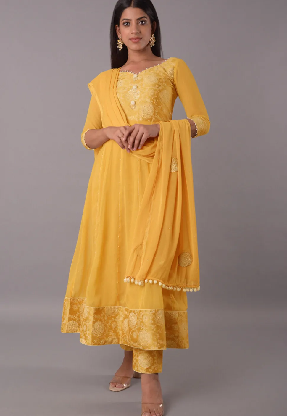 Block Printed Chiffon Anarkali Suit in Mustard