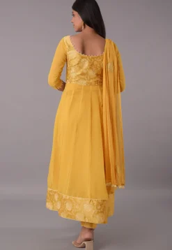 Block Printed Chiffon Anarkali Suit in Mustard