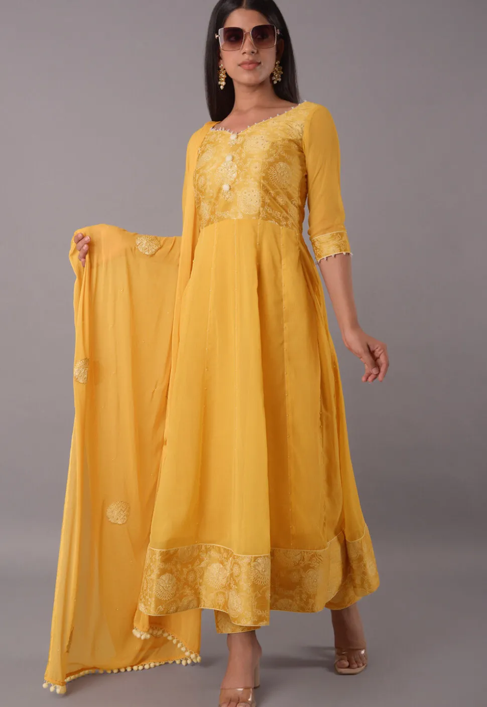 Block Printed Chiffon Anarkali Suit in Mustard
