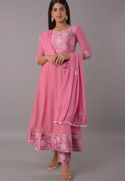 Block Printed Chiffon Anarkali Suit in Baby Pink