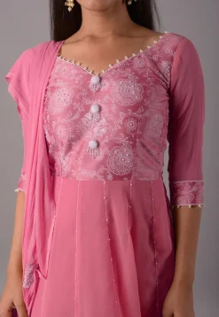 Block Printed Chiffon Anarkali Suit in Baby Pink