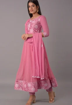 Block Printed Chiffon Anarkali Suit in Baby Pink