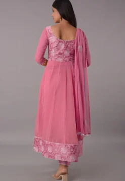Block Printed Chiffon Anarkali Suit in Baby Pink