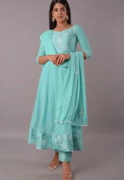 Block Printed Chiffon Anarkali Suit in Sky Blue