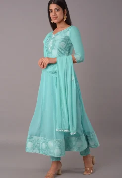 Block Printed Chiffon Anarkali Suit in Sky Blue