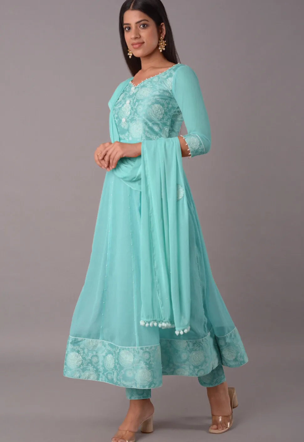 Block Printed Chiffon Anarkali Suit in Sky Blue