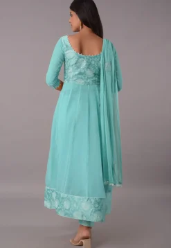 Block Printed Chiffon Anarkali Suit in Sky Blue