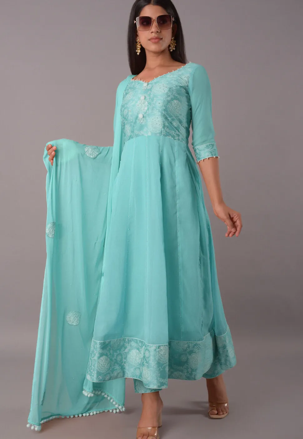 Block Printed Chiffon Anarkali Suit in Sky Blue