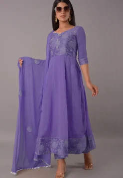 Block Printed Chiffon Georgette Anarkali Suit in Dark Purple