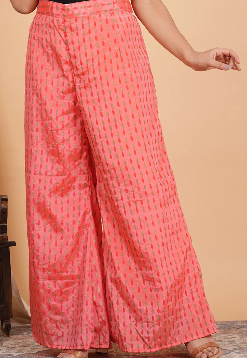 Block Printed Chinon Crepe Palazzo in Peach