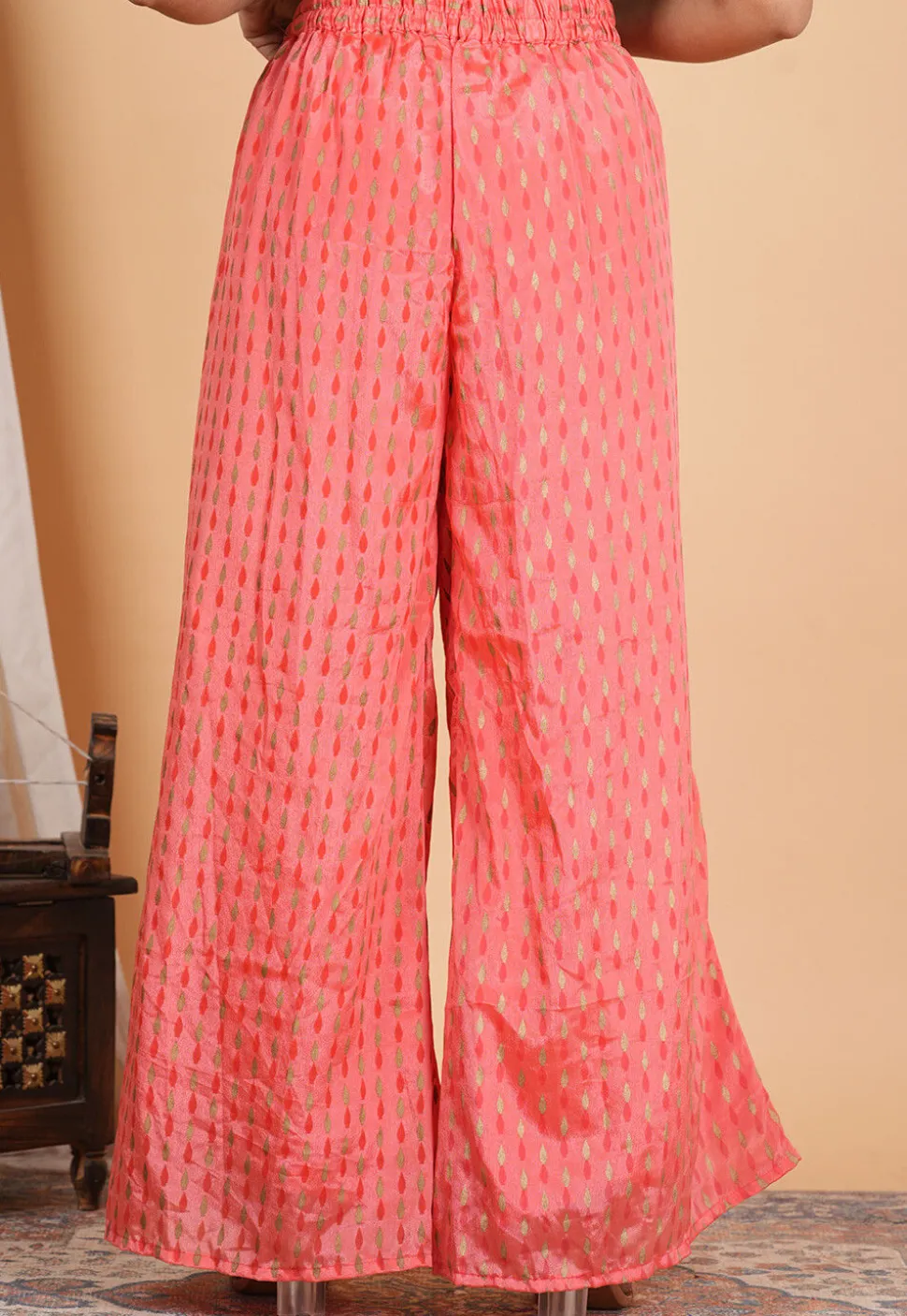 Block Printed Chinon Crepe Palazzo in Peach
