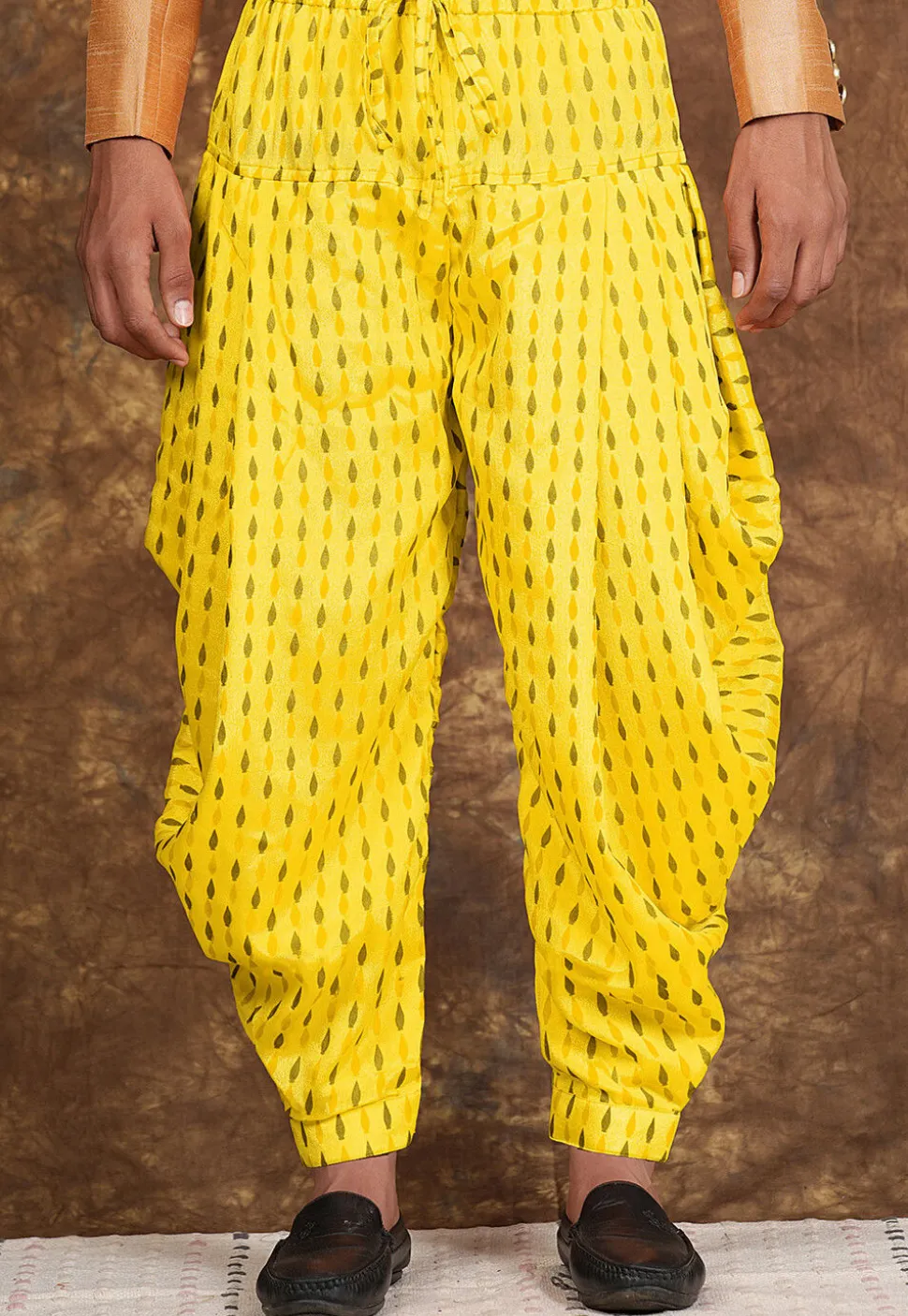 Block Printed Chinon Silk Patiyala in Yellow