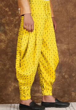 Block Printed Chinon Silk Patiyala in Yellow
