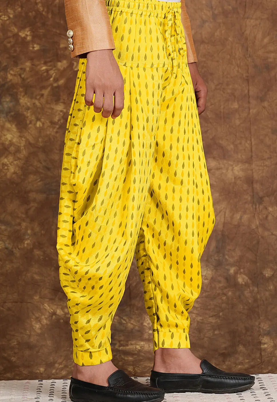 Block Printed Chinon Silk Patiyala in Yellow