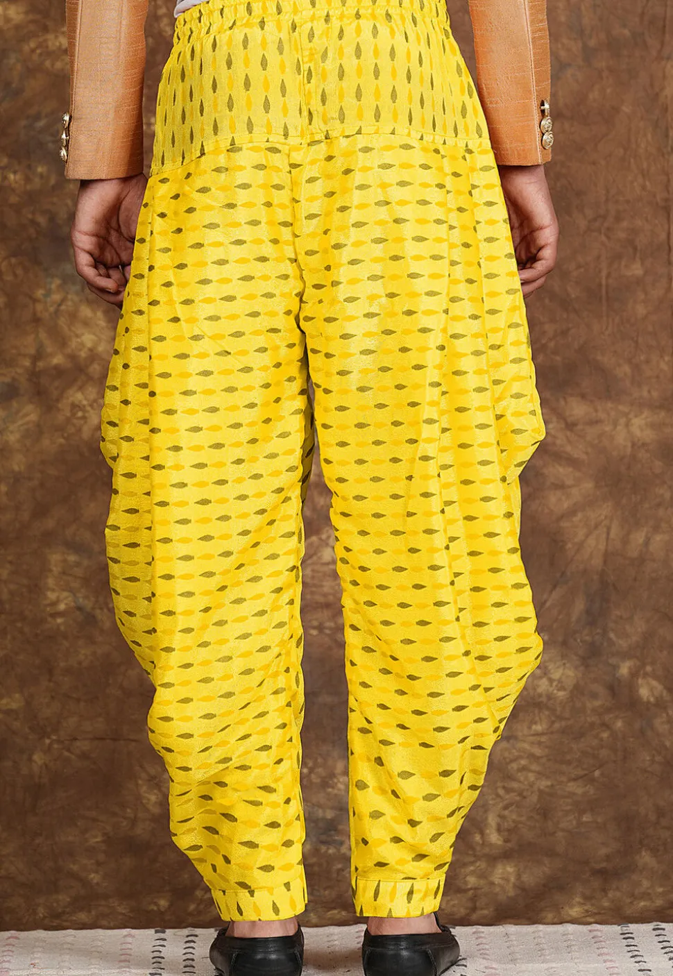 Block Printed Chinon Silk Patiyala in Yellow
