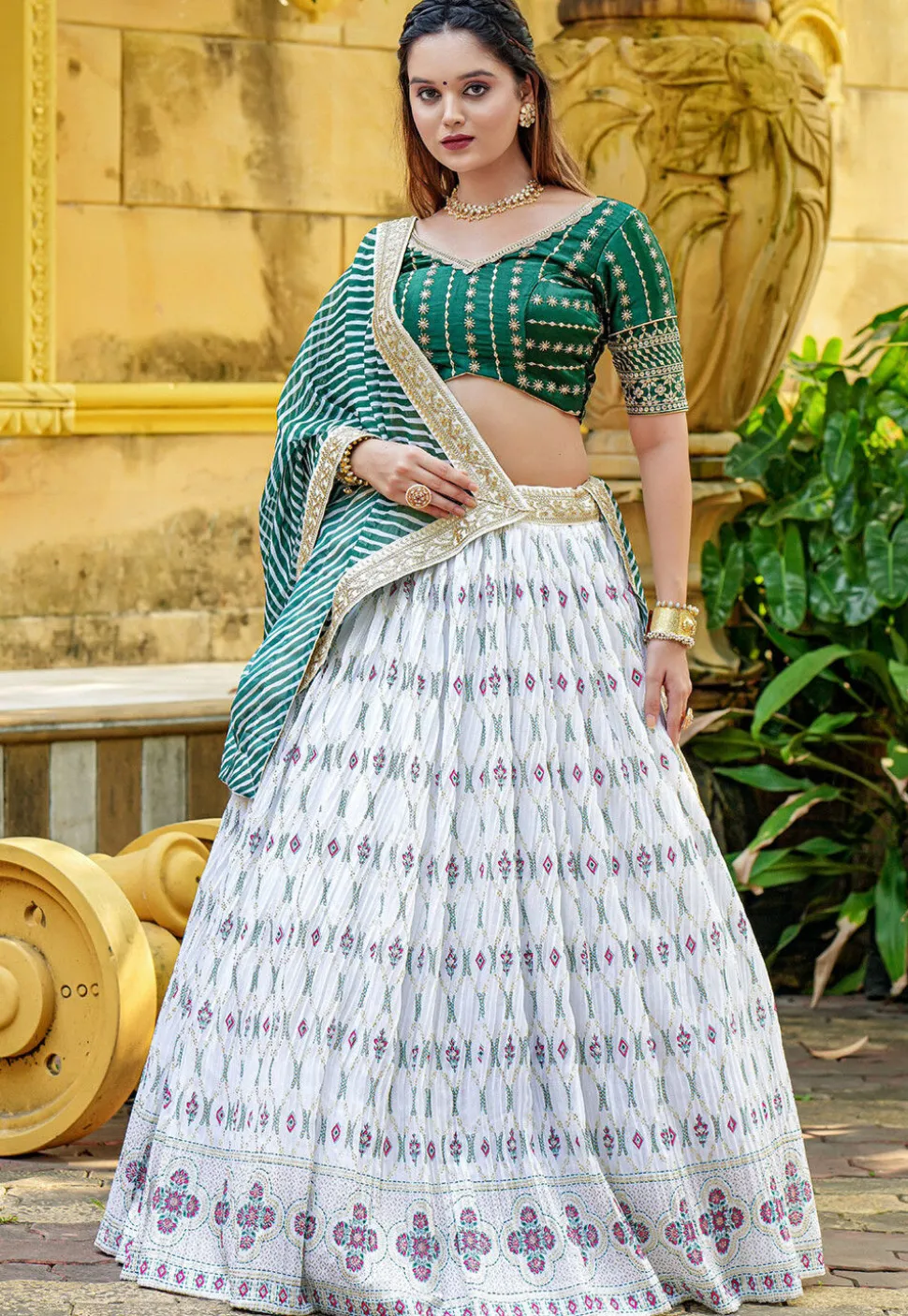 Block Printed Chinon Silk Lehenga in Off White