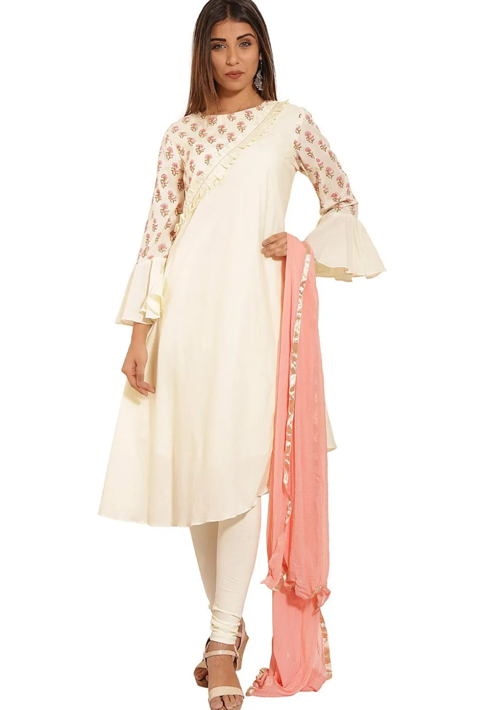 Block Printed Cotton A Line Suit in Cream
