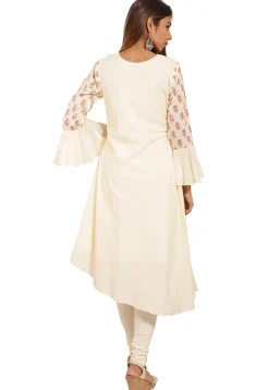 Block Printed Cotton A Line Suit in Cream