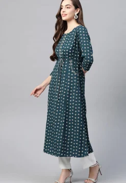 Block Printed Cotton A Line Kurta in Dark Teal Blue
