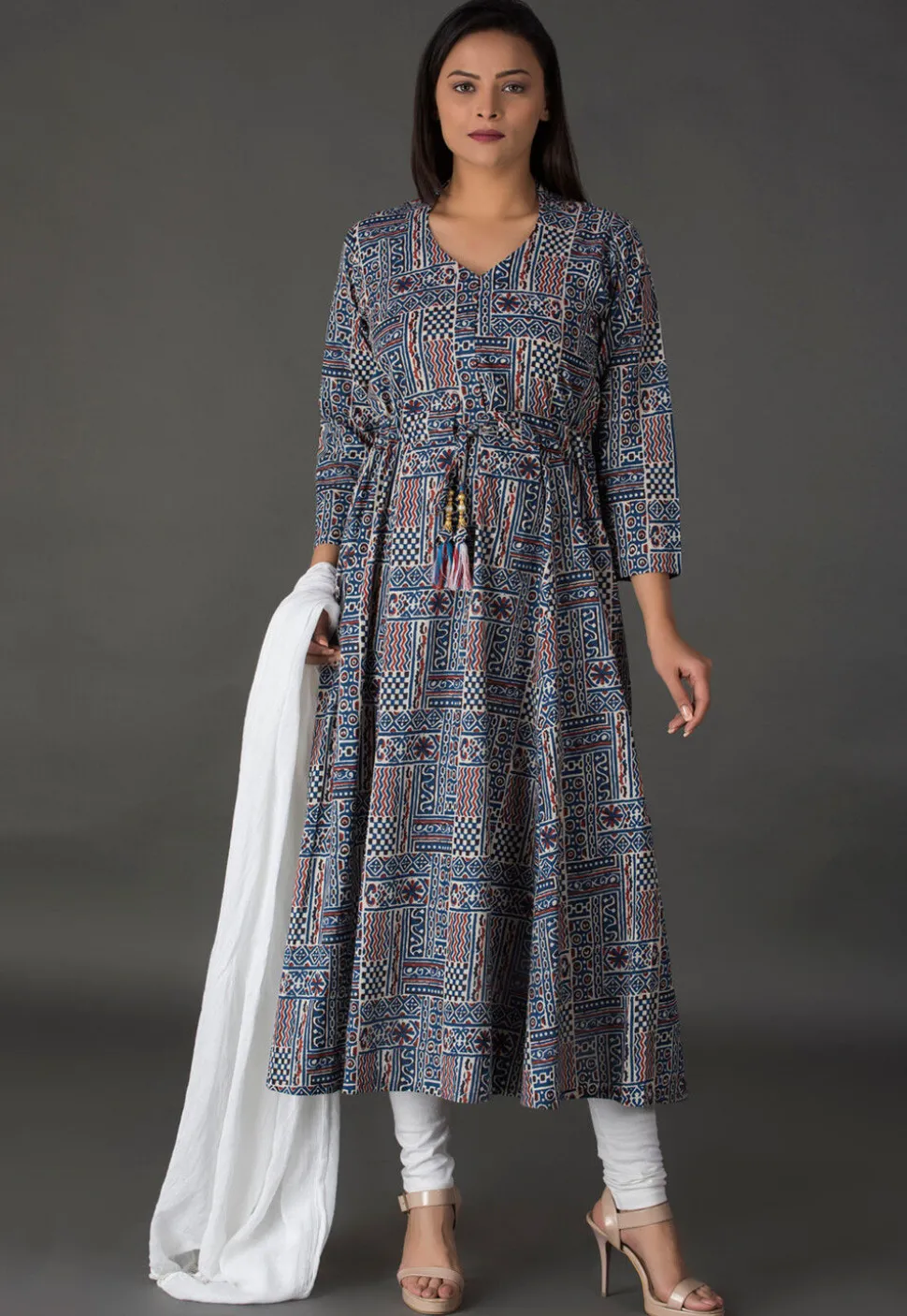 Block Printed Cotton A Line Suit in Blue
