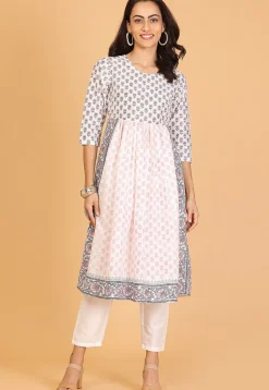 Block Printed Cotton A Line Kurta Set in White