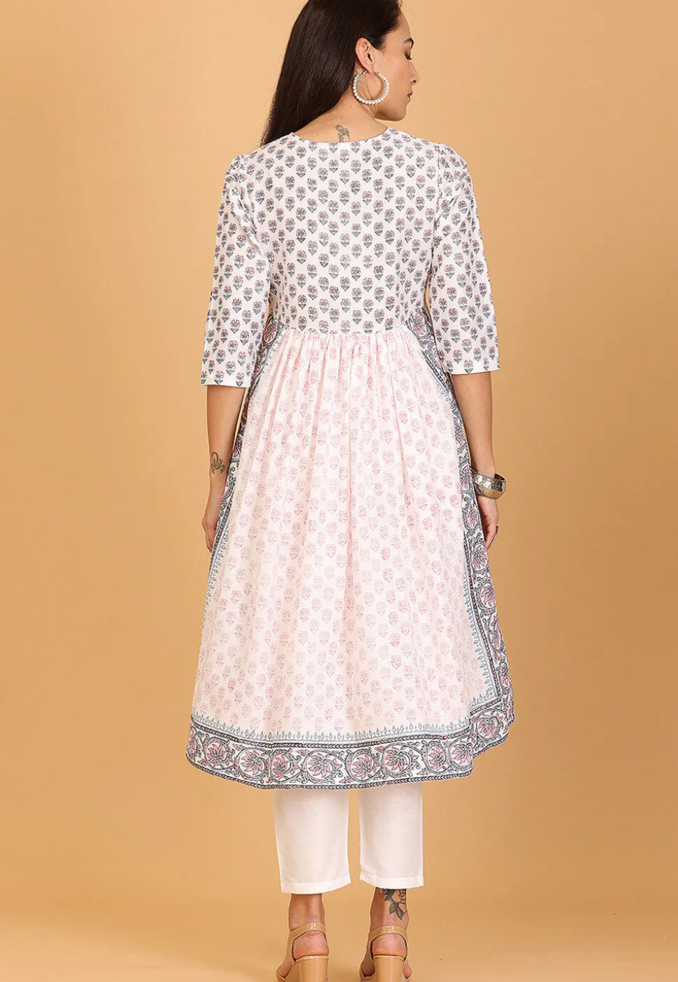 Block Printed Cotton A Line Kurta Set in White