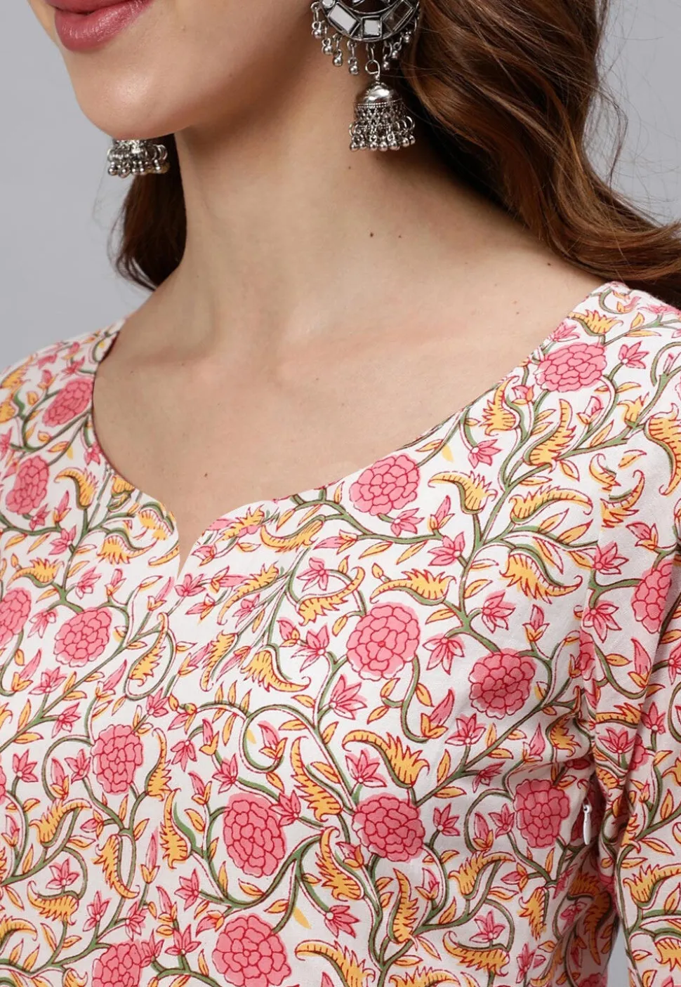 Block Printed Cotton A Line Suit in Off White