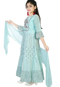 Block Printed Cotton Abaya Style Suit in Light Blue