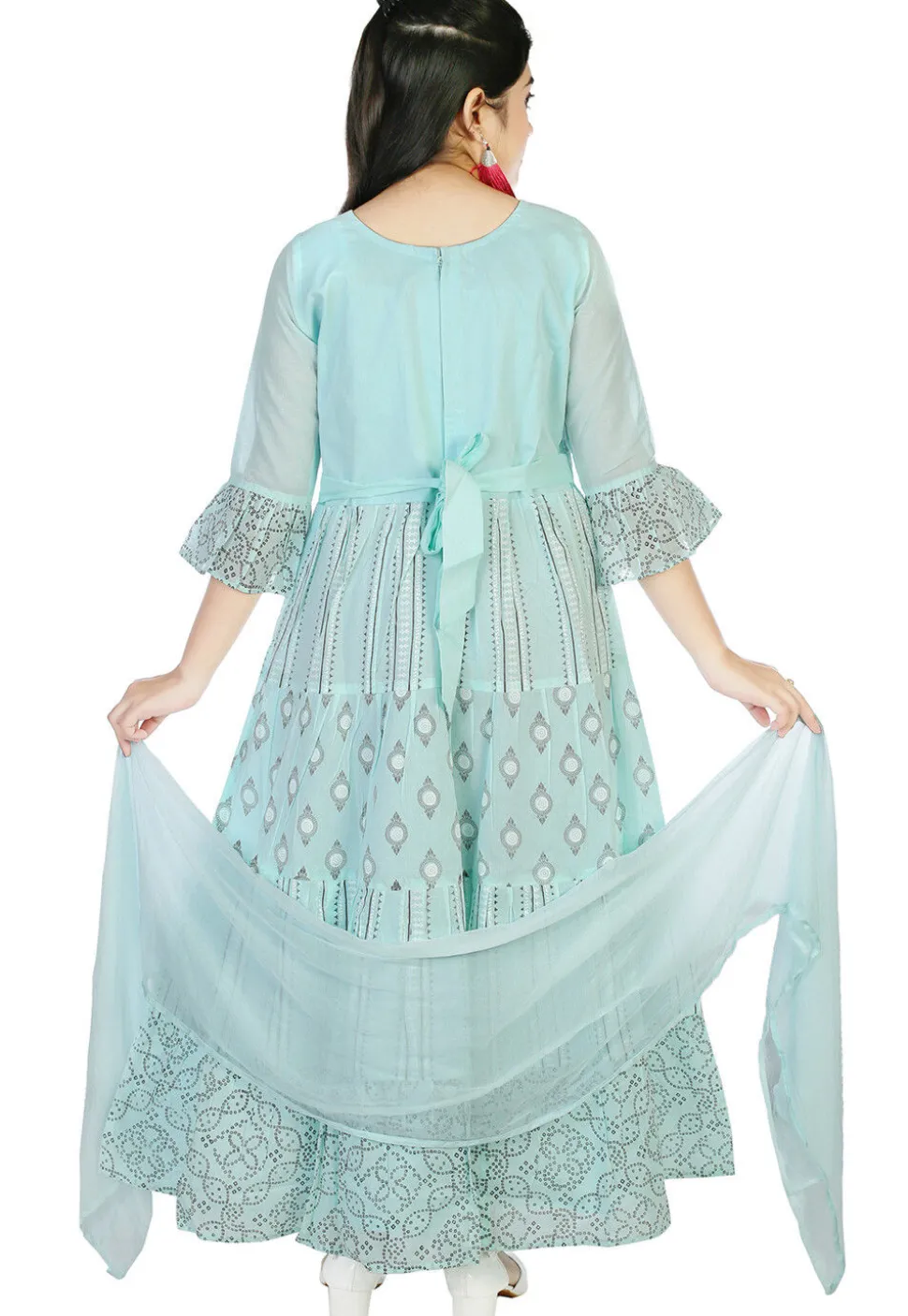 Block Printed Cotton Abaya Style Suit in Light Blue