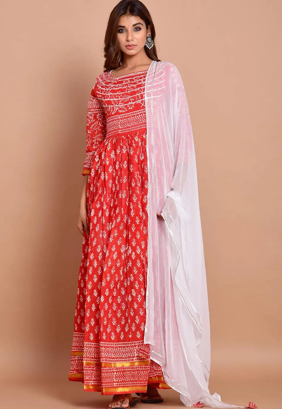 Block Printed Cotton Abaya Style Suit in Red