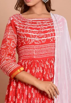 Block Printed Cotton Abaya Style Suit in Red