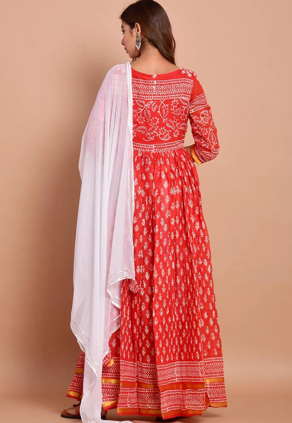 Block Printed Cotton Abaya Style Suit in Red