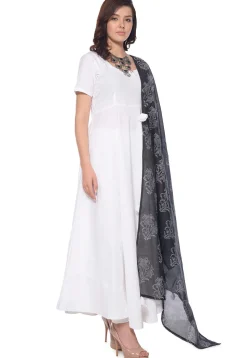 Block Printed Cotton Abaya Style Suit in White