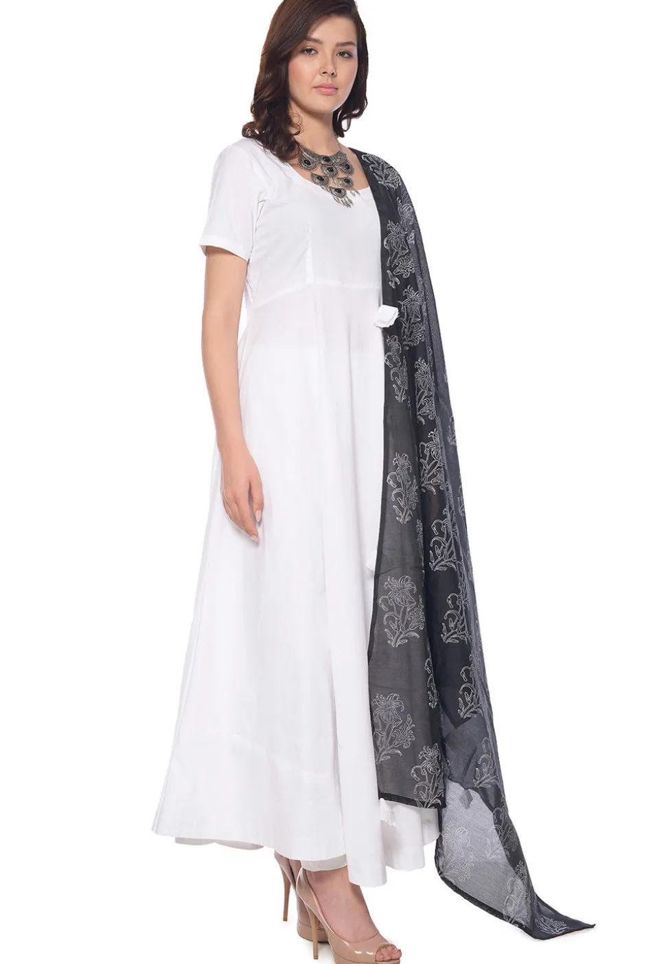 Block Printed Cotton Abaya Style Suit in White