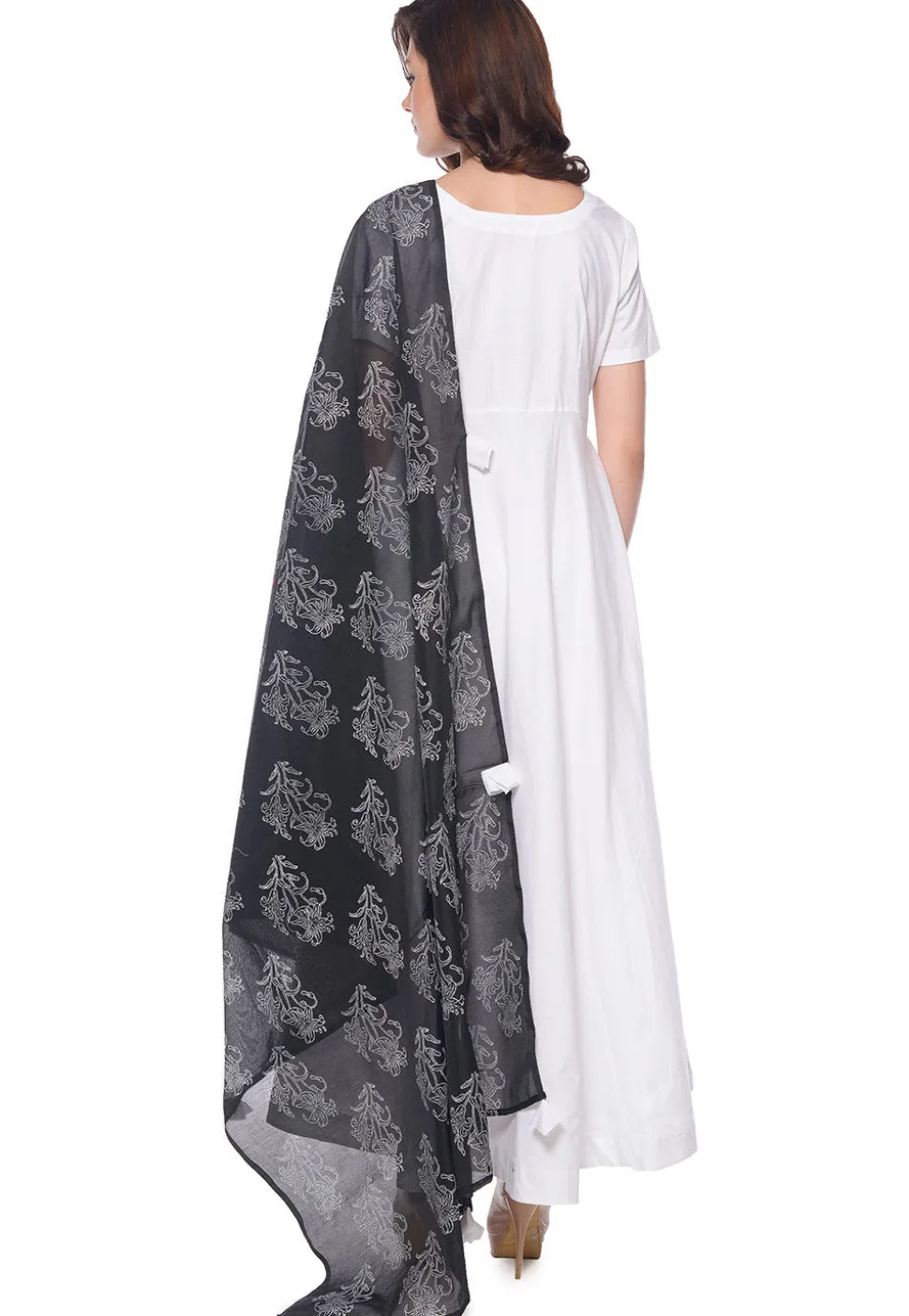 Block Printed Cotton Abaya Style Suit in White