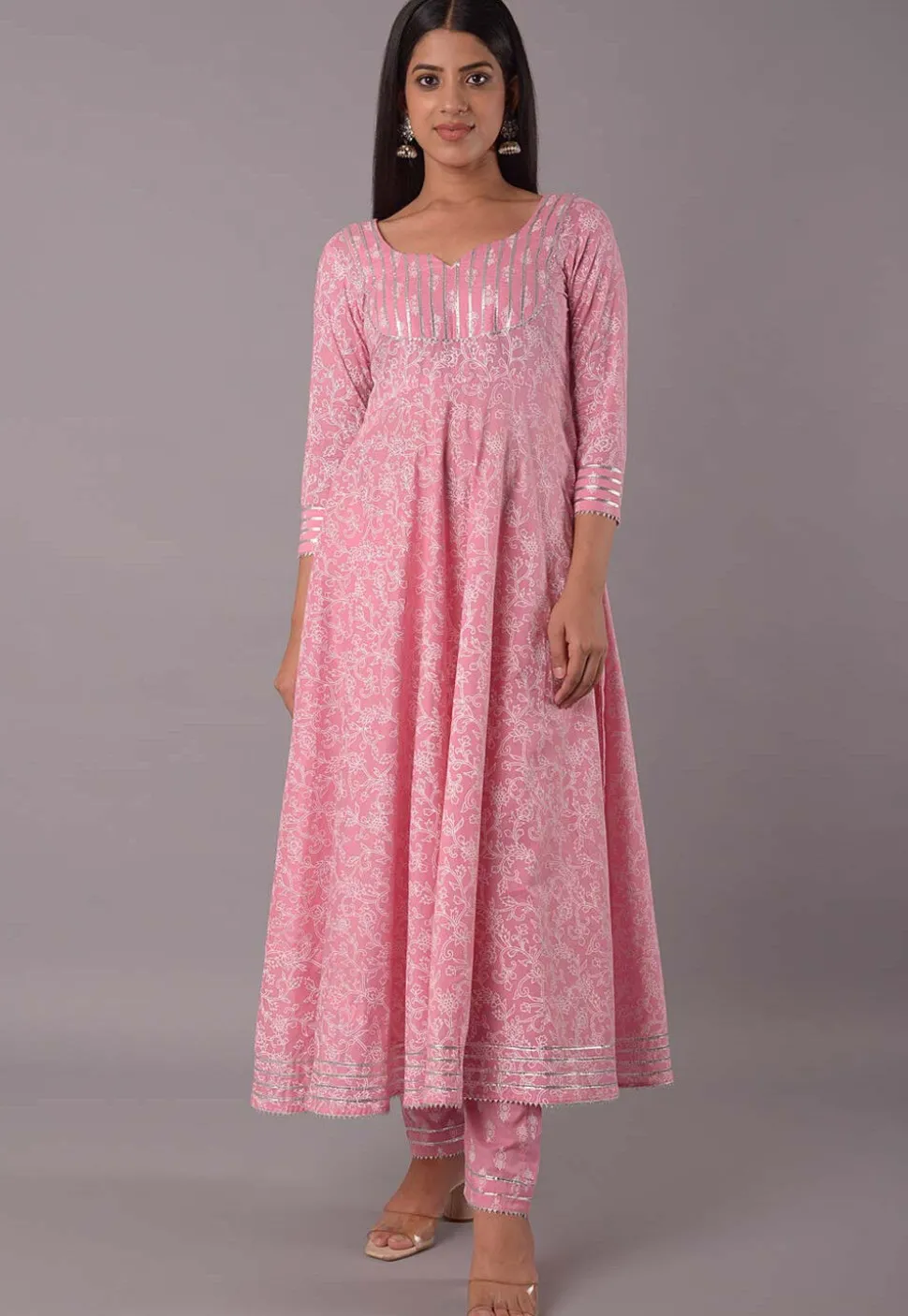 Block Printed Cotton Aline Suit in Pink