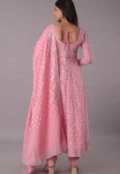 Block Printed Cotton Aline Suit in Pink