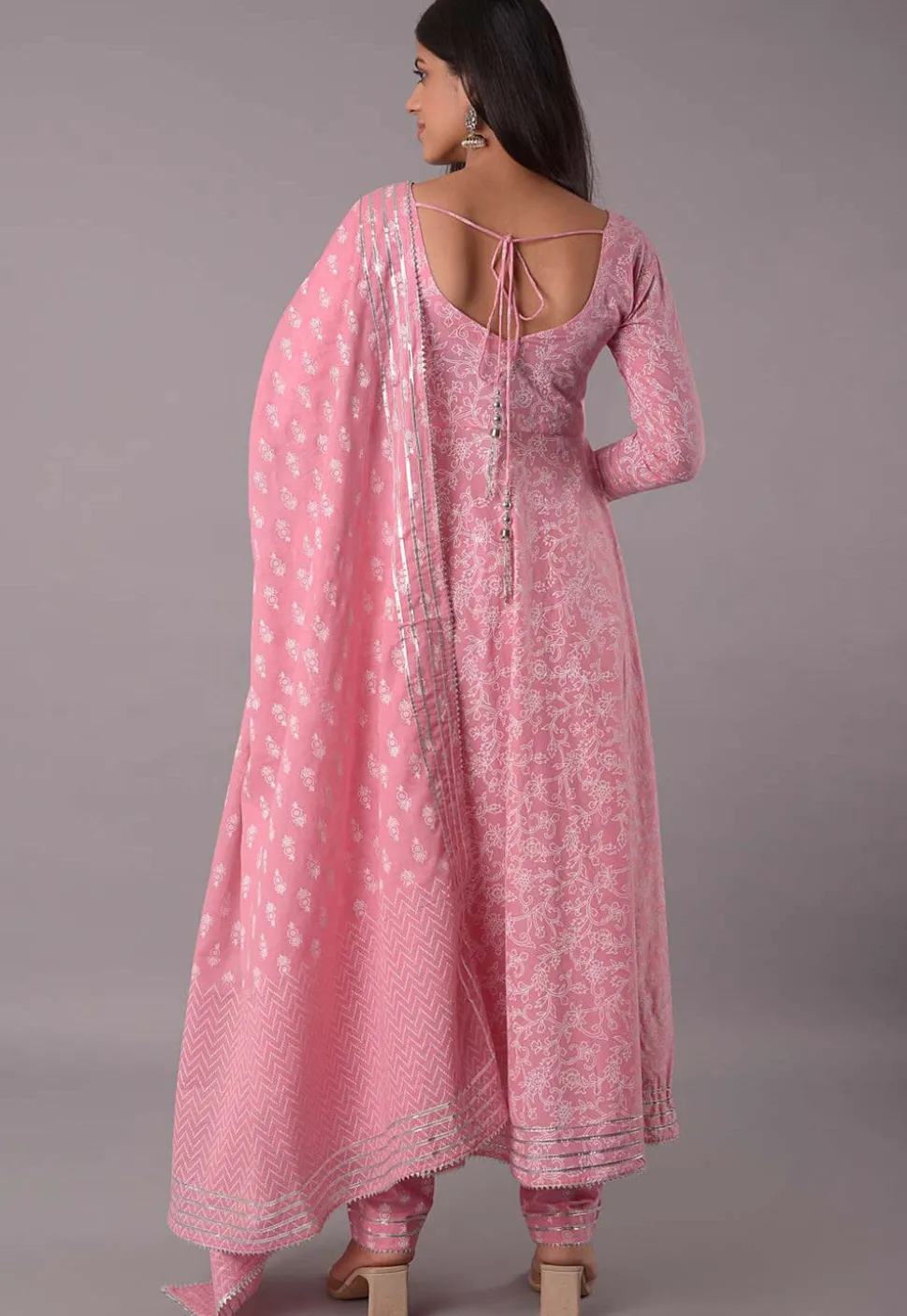 Block Printed Cotton Aline Suit in Pink