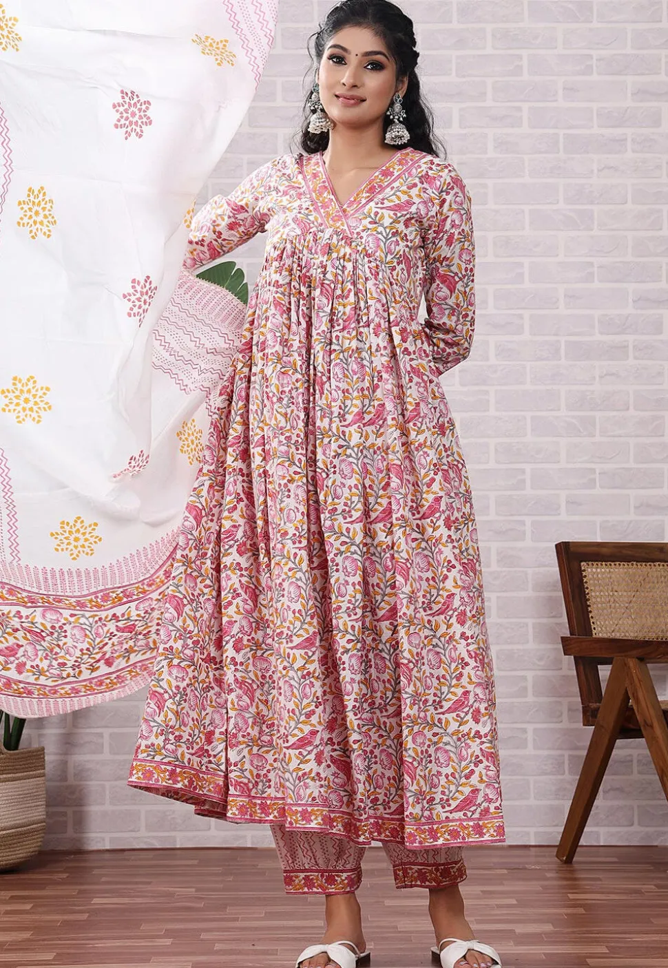 Block Printed Cotton Aline Suit in Off White