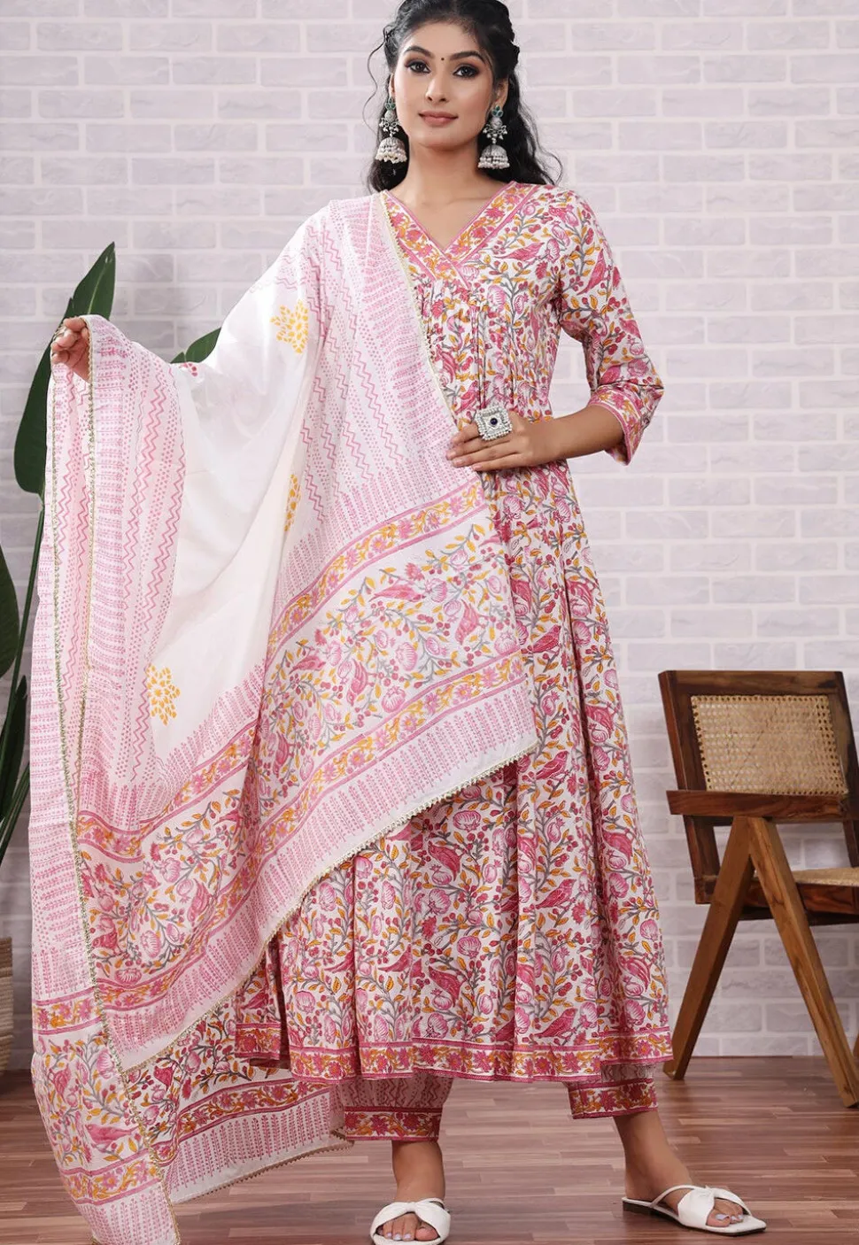 Block Printed Cotton Aline Suit in Off White