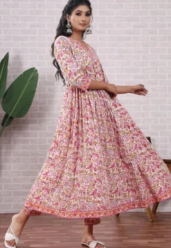 Block Printed Cotton Aline Suit in Off White