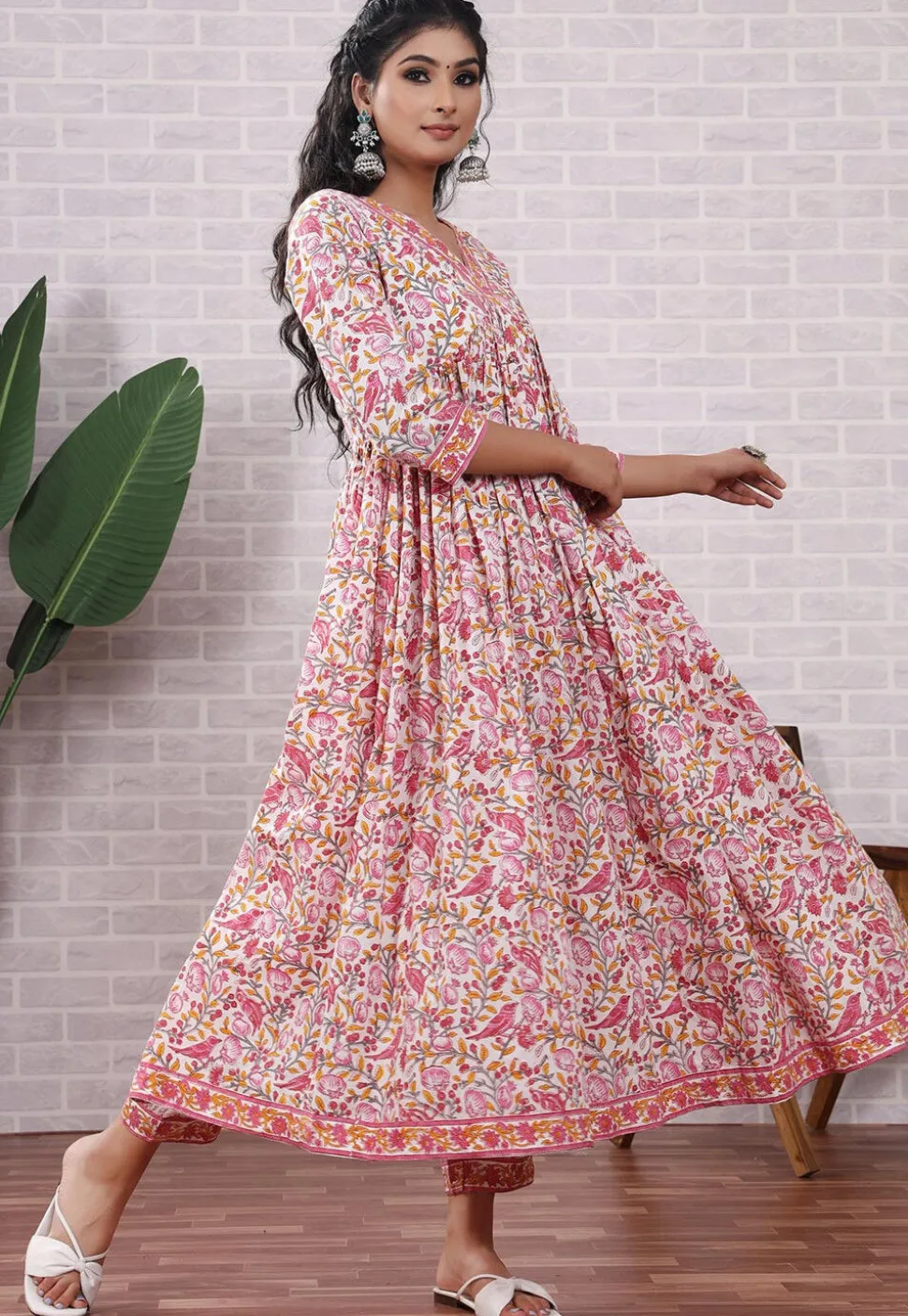 Block Printed Cotton Aline Suit in Off White